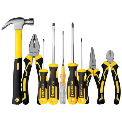 Kit Jogo de Ferramentas Alicate Martelo Chave De Fenda Philips Testador de Voltagem 9 Peças