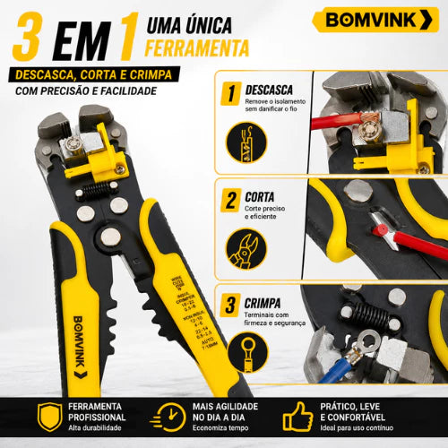 Alicate Decapador de Fios Automático 3 em 1 Bomvink BOM1702 Profissional Corte e Crimpagem