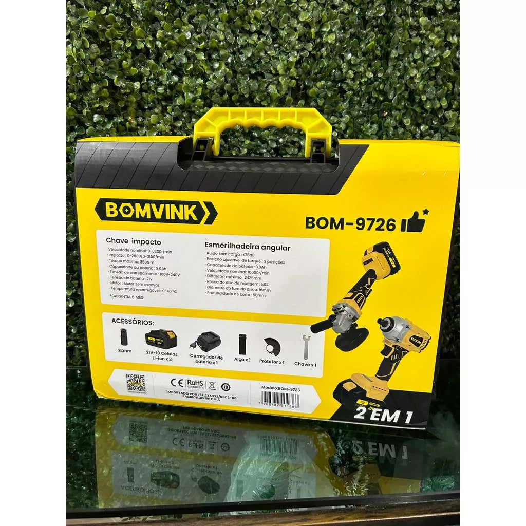 Kit de Ferramentas Bomvink 2 em 1 – Parafusadeira/Impacto + Esmerilhadeira 21V | Brushless BOM-9726