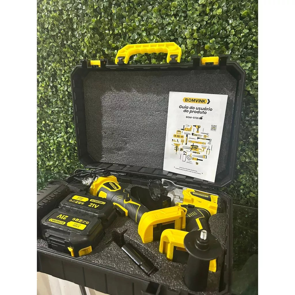 Kit de Ferramentas Bomvink 2 em 1 – Parafusadeira/Impacto + Esmerilhadeira 21V | Brushless BOM-9726