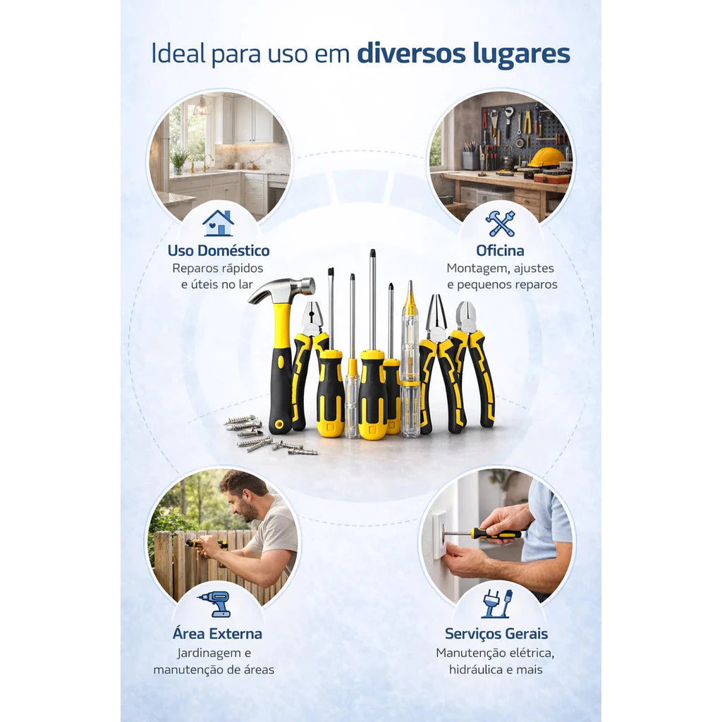 Kit Jogo de Ferramentas Alicate Martelo Chave De Fenda Philips Testador de Voltagem 9 Peças