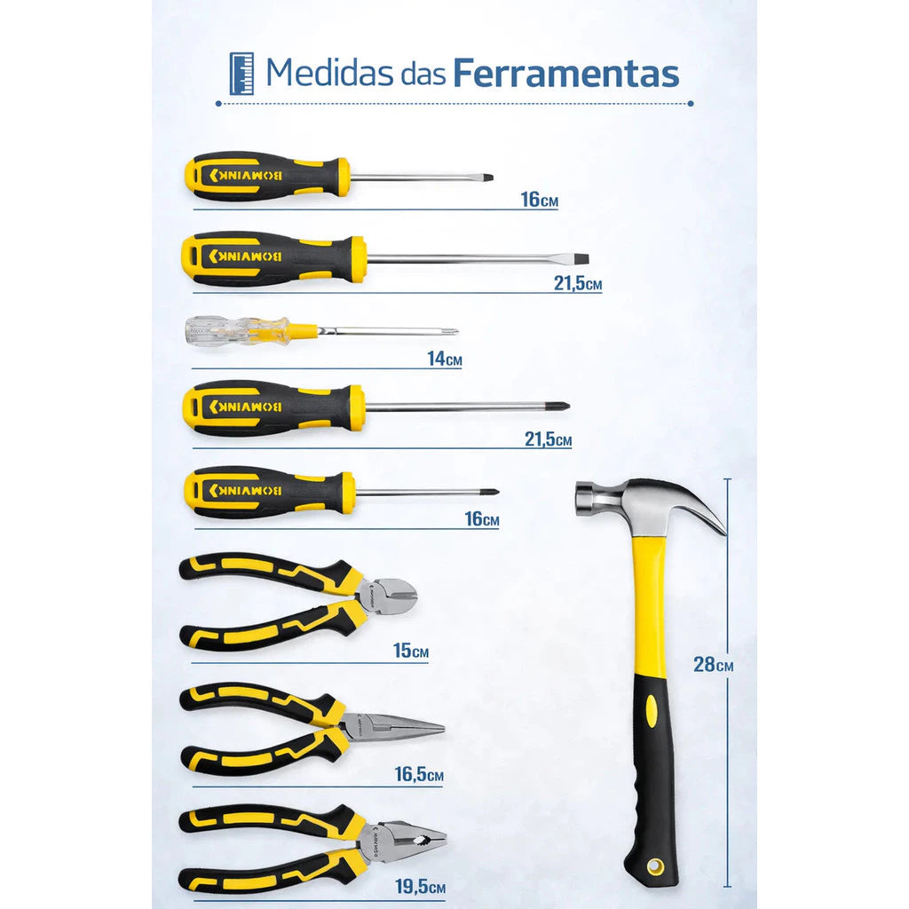 Kit Jogo de Ferramentas Alicate Martelo Chave De Fenda Philips Testador de Voltagem 9 Peças