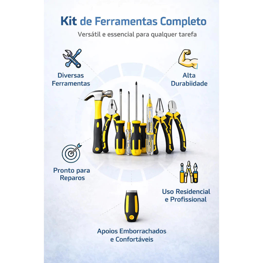 Kit Jogo de Ferramentas Alicate Martelo Chave De Fenda Philips Testador de Voltagem 9 Peças