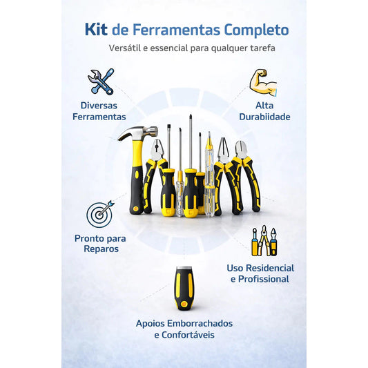 Kit Jogo de Ferramentas Alicate Martelo Chave De Fenda Philips Testador de Voltagem 9 Peças